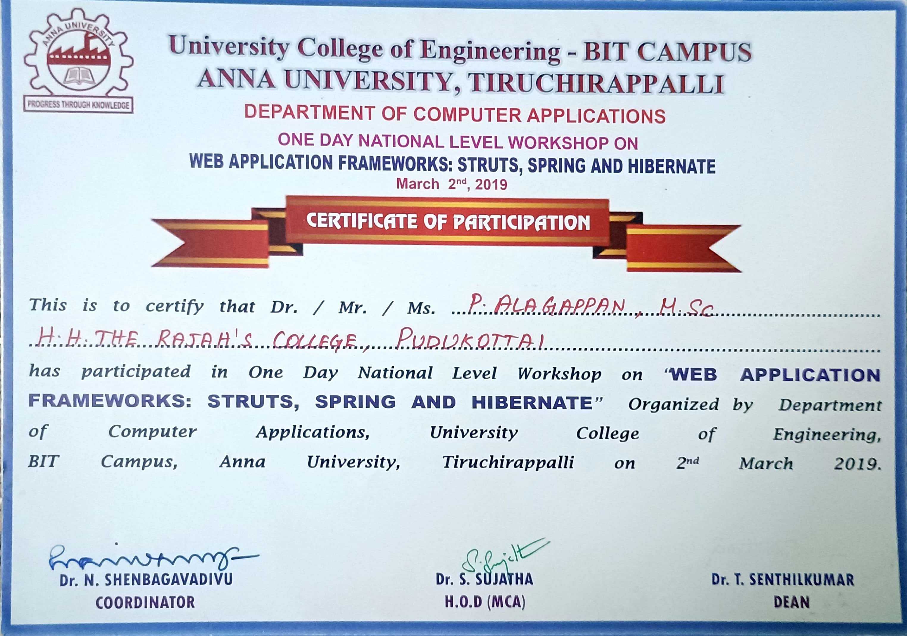 🏅 National Level Workshop: Web Application Frameworks (Struts, Spring, Hibernate) - Anna University, Trichy.